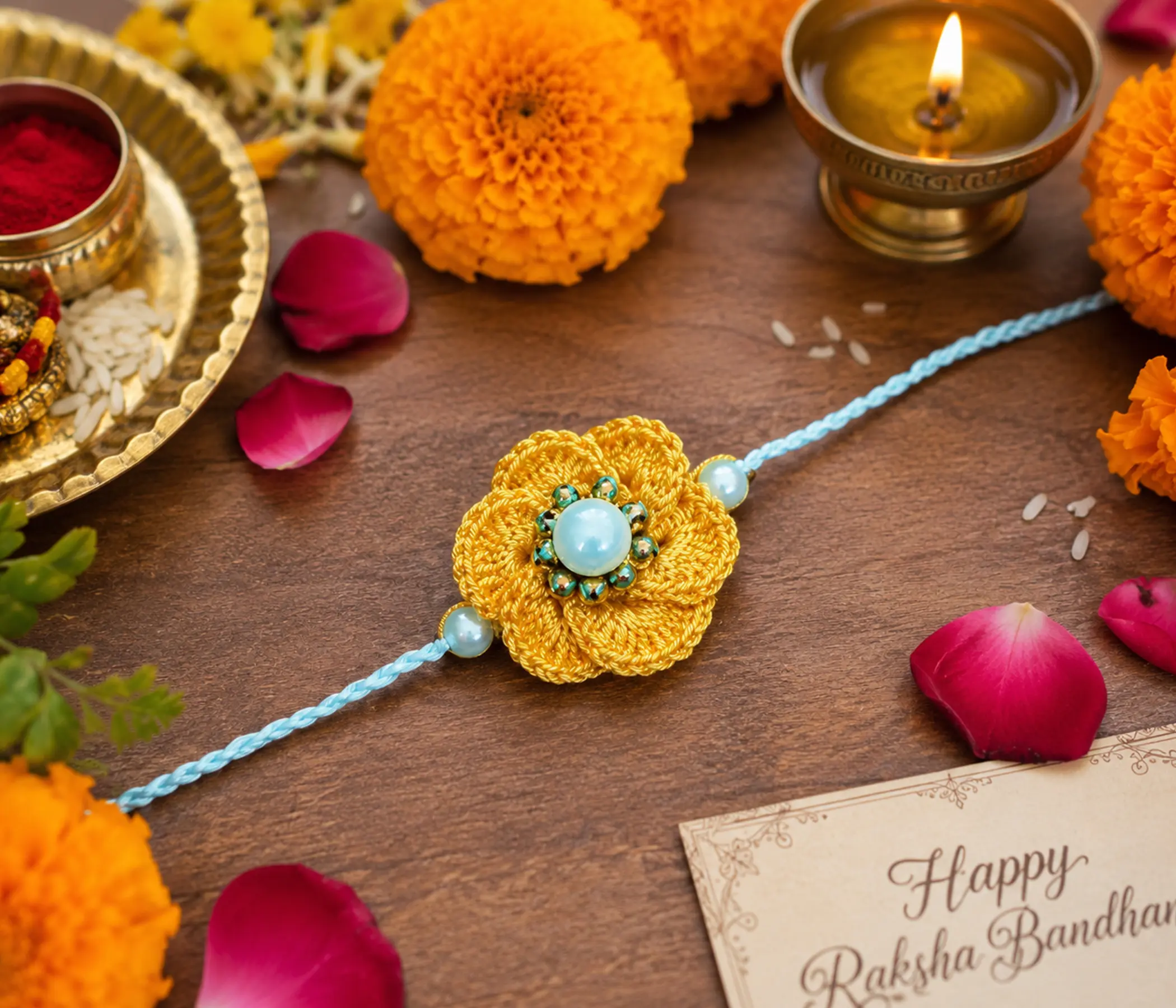 Golden Marigold Floral Handcrafted Crochet Rakhi